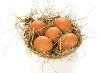 Eggs, hay in bast basket