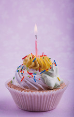 birthday cupcake with candle, on the pink