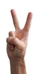 Hand showing the sign of victory and peace closeup isolated on w