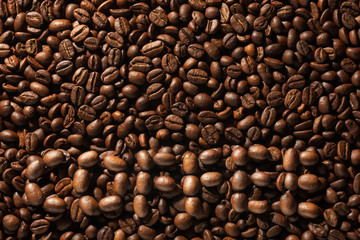 The word coffee laid out on the background from coffee beans