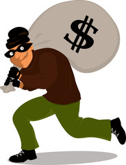 Thief in a mask carrying a money bag with a dollar sign