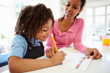 Mother Helping Daughter With Homework In Kitchen