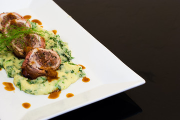 Bacon wrap pork stuff with seafood spinach mashed potato