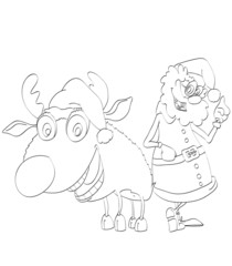 Contour of cheerful Santa Claus and reindeer