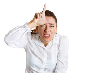 Bully woman showing loser sign with hands gesture