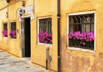 Picturesque yellow building with pink flowers.