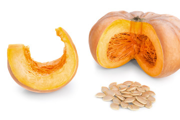Cut pieces of pumpkin soup and slices and seeds.