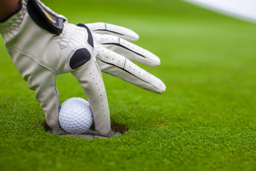 Man's hand putting a golf ball into a hole on the green field
