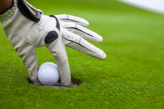 Man's Hand Putting A Golf Ball Into A Hole On The Green Field