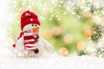 Cute Snowman Over Abstract Snow and Light Background