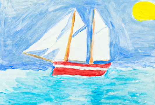 children painting - sailing vessel in blue ocean