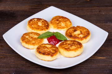 Delicious homemade cheese pancakes closeup