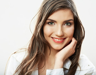 Naklejka premium Woman face close up white backround isolated. Smiling girl port