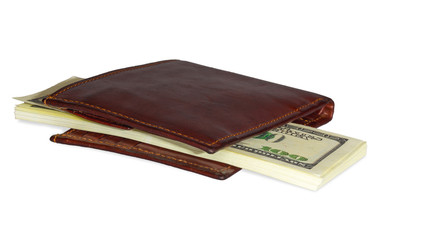 Wallet with a wad of dollars. Isolated on white