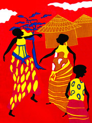 Scene of traditional life on a piece of a red cotton fabric