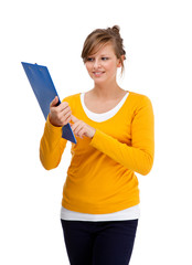 Woman holding notepad isolated on white background