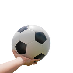 Fototapeta na wymiar Classic soccer ball on hand with white background.