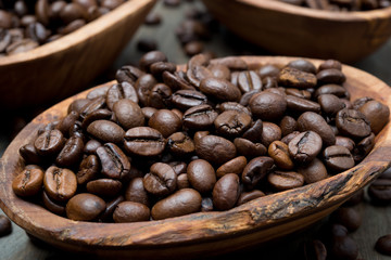 coffee beans in a wooden bowl, close-up, selective focus