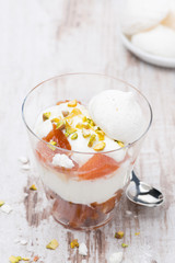 dessert with canned peaches, whipped cream, meringue