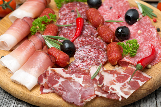 Assorted meats and sausages, olives and spices, close-up