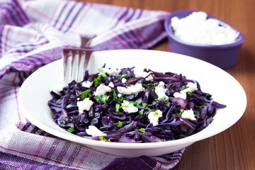 Stewed red cabbage with feta cheese, cilantro, healthy dish