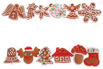 christmas border with gingerbread cookies isolated on white