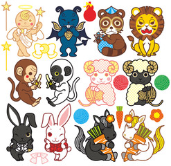 天使と悪魔と動物キャラクター（狸・ライオン・猿・羊・うさぎ・馬）カラフルデフォルメポップ