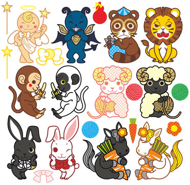 天使と悪魔と動物キャラクター（狸・ライオン・猿・羊・うさぎ・馬）カラフルデフォルメポップ