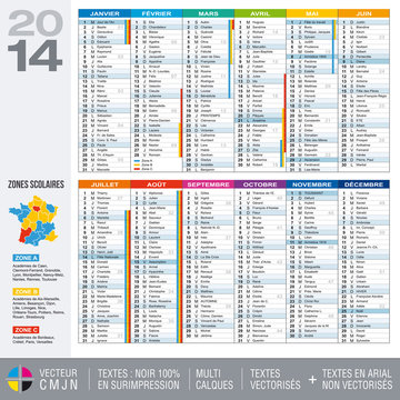 Calendrier 2014 avec carte des zones scolaires et académies