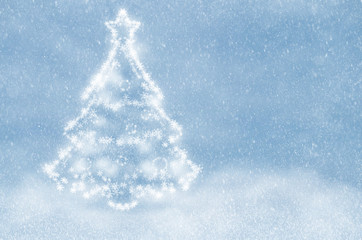 white christmas tree on a blue snowy background
