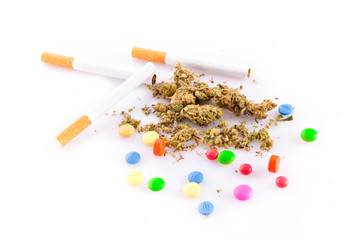 marihuana and pills on white background, smoker