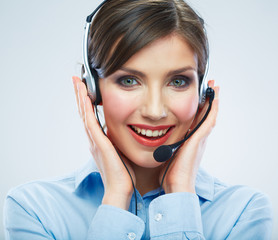 Close Up Woman call center operator. Smiling business woman por