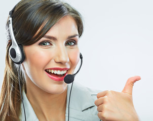 Customer support operator thumb show.  call center smiling oper
