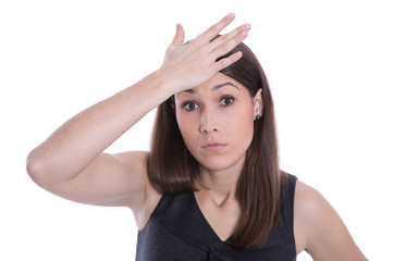 Vergesslichkeit oder schockierte junge Frau isoliert