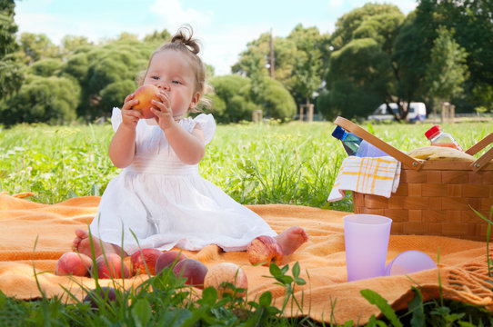 Adorable little girl on picnic in the beauty park