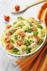 Casserole pasta with chicken and broccoli