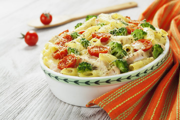 Casserole pasta with chicken and broccoli