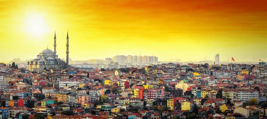Washable wall murals Turkey Istanbul Mosque with colorful residential area in sunset
