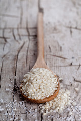 raw white rice in spoon