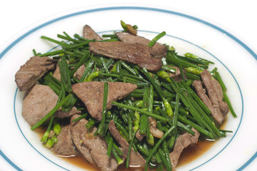 Stir-fried green Chinese chives with pork liver isolated.