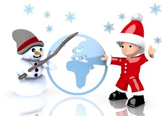 world sign presented by snowman and Santa claus