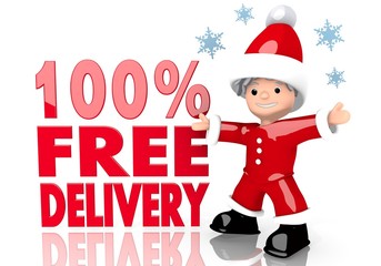 100 percent free delivery sign presented by mini santa claus