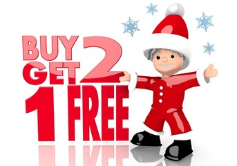 buy two get one free sign presented by mini santa claus