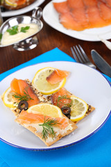 Salmon sandwiches on plate  on wooden table close-up