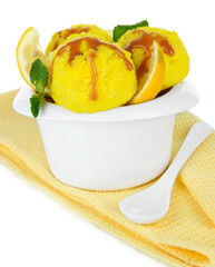 Tasty ice cream scoops in bowl, isolated on white