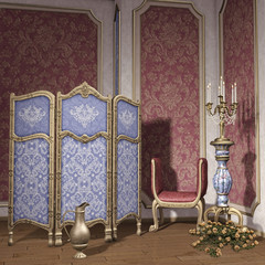 Luksusowy pokój z parawanem, świecznikiem i różami - obrazy, fototapety, plakaty