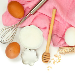 Cooking concept. Basic baking ingredients and kitchen tools