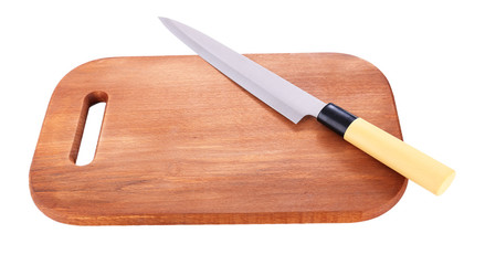 Kitchen knife  and wooden cutting board ,isolated on white