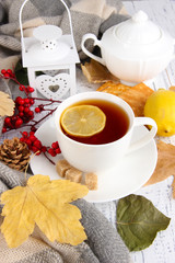 Cup of tea with lemon close up