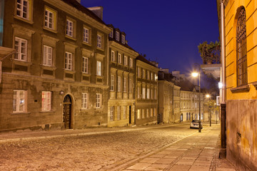 New Town Street and Houses at Night in Warsaw
